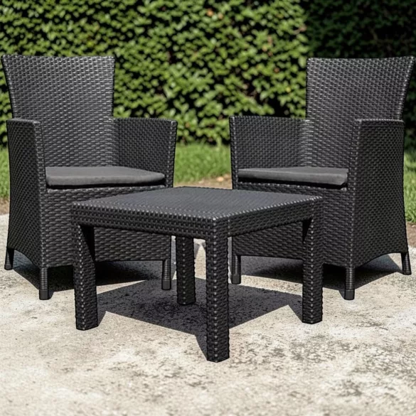 Kerti bútor szett, Keter Rosario, sötétszürke, rattan hatású polipropilén, UV-álló, 3 db, asztal 43 x 59 x 59 cm, 2 fotel, párnákkal