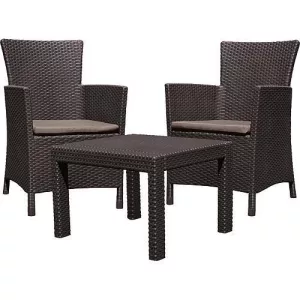 Kerti bútor szett, Keter Rosario, barna, rattan hatású polipropilén, UV-álló, 3 db, asztal 43 x 59 x 59 cm, 2 fotel, párnákkal