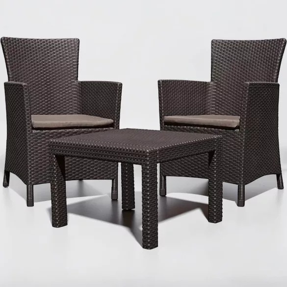 Kerti bútor szett, Keter Rosario, barna, rattan hatású polipropilén, UV-álló, 3 db, asztal 43 x 59 x 59 cm, 2 fotel, párnákkal