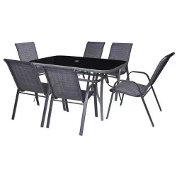   Kerti bútor szett, ST Leisure Equipment Antoine, sötétszürke, 1 asztal + 6 szék, fém vázas, edzett üveg asztallap, napernyőnyílással
