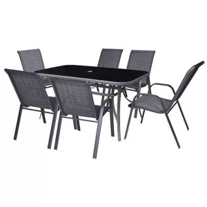 Kerti bútor szett, ST Leisure Equipment Antoine, sötétszürke, 1 asztal + 6 szék, fém vázas, edzett üveg asztallap, napernyőnyílással
