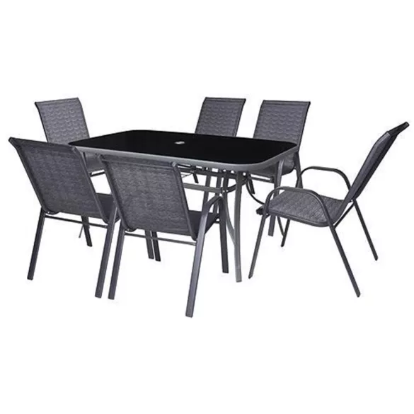 Kerti bútor szett, ST Leisure Equipment Antoine, sötétszürke, 1 asztal + 6 szék, fém vázas, edzett üveg asztallap, napernyőnyílással