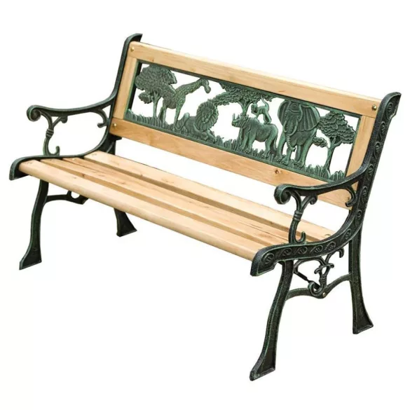 Strend Pro Mini Jumanji gyerek kerti pad, 82 x 39 x 50 cm, barna, öntöttvas háttámlával, fa ülőfelülettel, díszített állatos motívumokkal