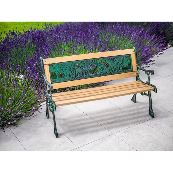 Strend Pro Mini Jumanji gyerek kerti pad, 82 x 39 x 50 cm, barna, öntöttvas háttámlával, fa ülőfelülettel, díszített állatos motívumokkal