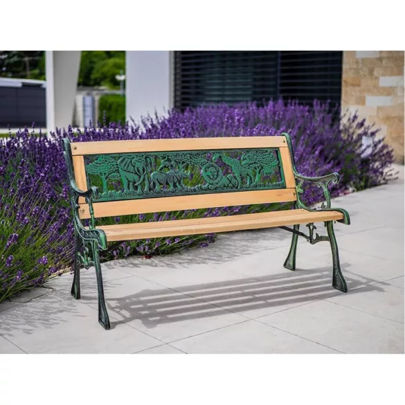 Strend Pro Mini Jumanji gyerek kerti pad, 82 x 39 x 50 cm, barna, öntöttvas háttámlával, fa ülőfelülettel, díszített állatos motívumokkal