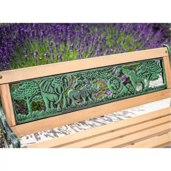 Strend Pro Mini Jumanji gyerek kerti pad, 82 x 39 x 50 cm, barna, öntöttvas háttámlával, fa ülőfelülettel, díszített állatos motívumokkal
