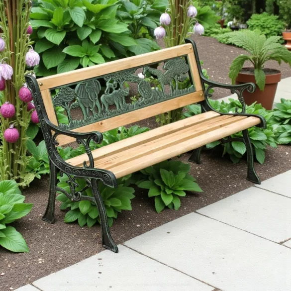 Strend Pro Mini Jumanji gyerek kerti pad, 82 x 39 x 50 cm, barna, öntöttvas háttámlával, fa ülőfelülettel, díszített állatos motívumokkal