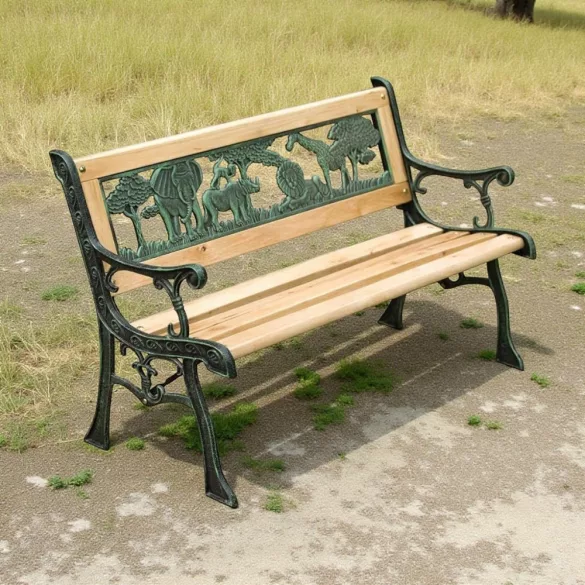 Strend Pro Mini Jumanji gyerek kerti pad, 82 x 39 x 50 cm, barna, öntöttvas háttámlával, fa ülőfelülettel, díszített állatos motívumokkal