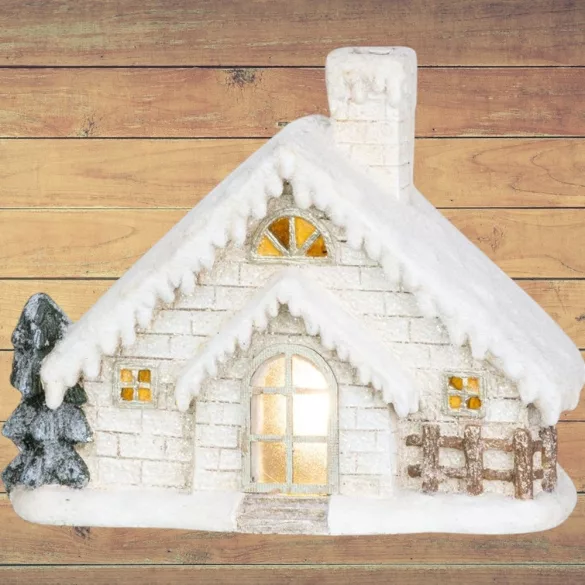 MagicHome karácsonyi dekoráció, házikó kéménnyel, LED, kerámia, 40 cm