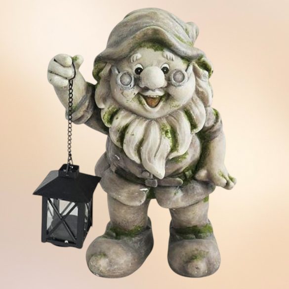 Kerti dekoráció, MagicHome Gecco, törpe lámpással, szürke, 24 x 21 x 36 cm, magnézia