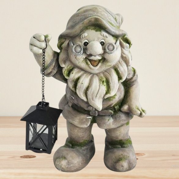 Kerti dekoráció, MagicHome Gecco, törpe lámpással, szürke, 24 x 21 x 36 cm, magnézia