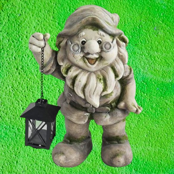 Kerti dekoráció, MagicHome Gecco, törpe lámpással, szürke, 24 x 21 x 36 cm, magnézia