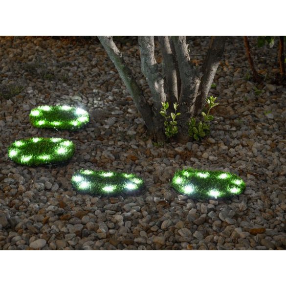 Napelemes kerti lámpa, Strend Pro Garden 6155, zöld, kör alakú gyepburkoló lapok, 24 cm, 4 db, 4 x 8 LED, műfűből készült, akkumulátoros