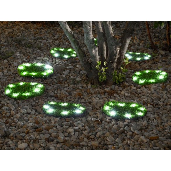 Napelemes kerti lámpa, Strend Pro Garden 6155, zöld, kör alakú gyepburkoló lapok, 24 cm, 4 db, 4 x 8 LED, műfűből készült, akkumulátoros