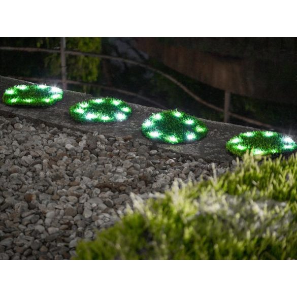 Napelemes kerti lámpa, Strend Pro Garden 6155, zöld, kör alakú gyepburkoló lapok, 24 cm, 4 db, 4 x 8 LED, műfűből készült, akkumulátoros