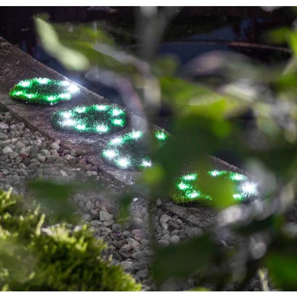Napelemes kerti lámpa, Strend Pro Garden 6155, zöld, kör alakú gyepburkoló lapok, 24 cm, 4 db, 4 x 8 LED, műfűből készült, akkumulátoros