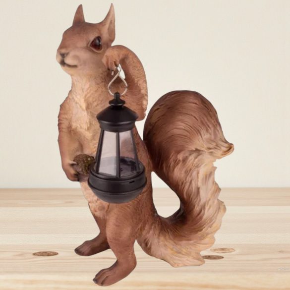 Kerti dekoráció, MagicHome Gecco, mókus lámpással, barna, 29 x 19 x 41 cm, poligyanta