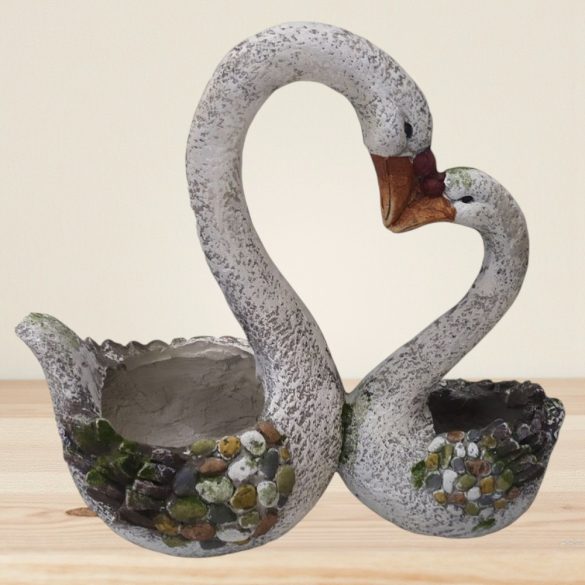 Kerti dekoráció, MagicHome Gecco, hattyúpár, fehér, 49 x 23 x 45 cm, magnézia, egyben virágtartó is
