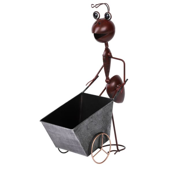 Kerti dekoráció, MagicHome Mecco 4212, hangya kocsival, barna, 37 x 11 x 46 cm, fém, egyben virágtartó is