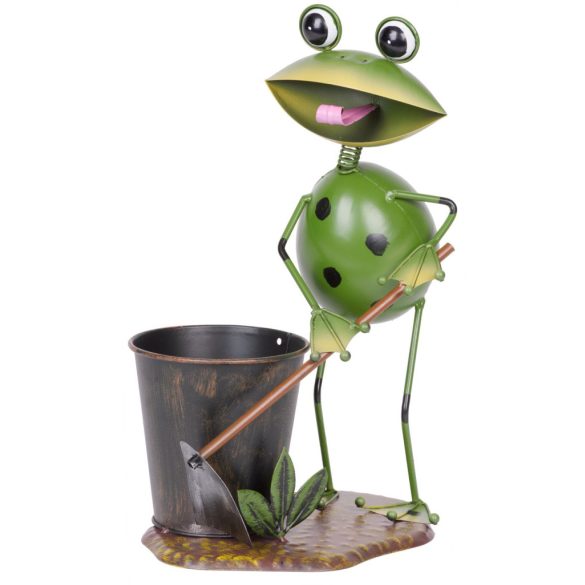 Kerti dekoráció, MagicHome Mecco, kertész béka, zöld, 23 x 16 x 33 cm, fém, egyben virágtartó is