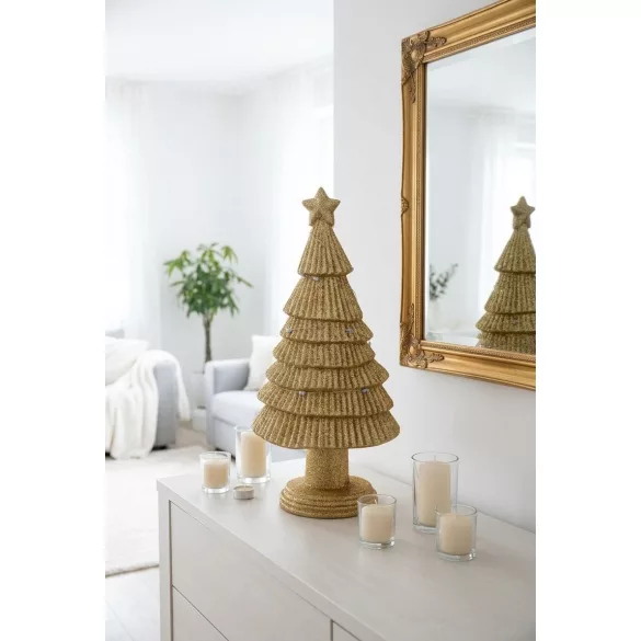 Műfenyő, MagicHome, polirezin, 31 cm, csillámos felület, LED fényfüzérrel, beltéri használatra