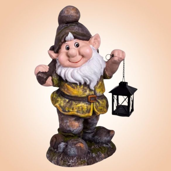 Kerti dekoráció, MagicHome Gecco, törpe lámpással, barna, 25 x 20 x 45 cm, magnézia