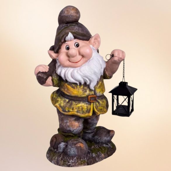 Kerti dekoráció, MagicHome Gecco, törpe lámpással, barna, 25 x 20 x 45 cm, magnézia