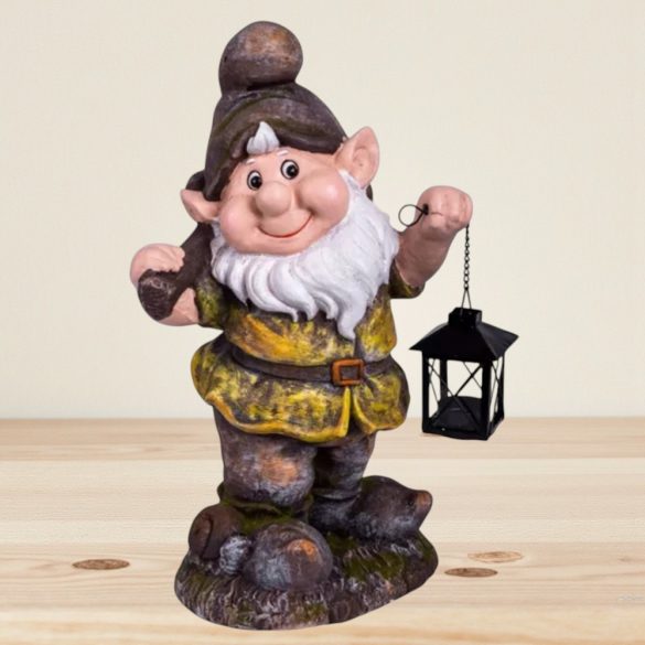 Kerti dekoráció, MagicHome Gecco, törpe lámpással, barna, 25 x 20 x 45 cm, magnézia