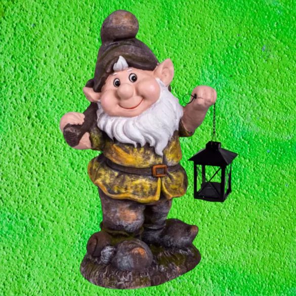 Kerti dekoráció, MagicHome Gecco, törpe lámpással, barna, 25 x 20 x 45 cm, magnézia