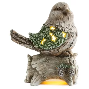 MagicHome karácsonyi dekoráció, cinege fatörzsön, 9 LED, kerámia, 22 x 21,5 x 40 cm