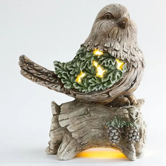 MagicHome karácsonyi dekoráció, cinege fatörzsön, 9 LED, kerámia, 22 x 21,5 x 40 cm