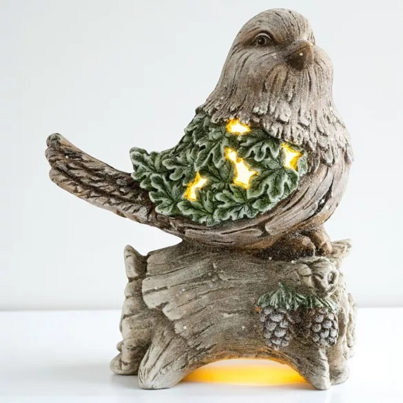 MagicHome karácsonyi dekoráció, cinege fatörzsön, 9 LED, kerámia, 22 x 21,5 x 40 cm