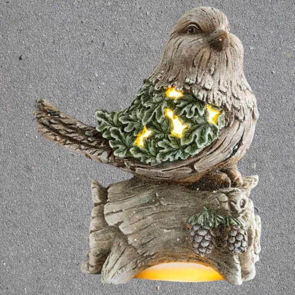 MagicHome karácsonyi dekoráció, cinege fatörzsön, 9 LED, kerámia, 22 x 21,5 x 40 cm