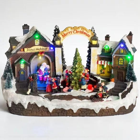 MagicHome karácsonyi dekoráció, falu, 15 LED, színes, dallamokkal, 33,5 x 18 x 20 cm