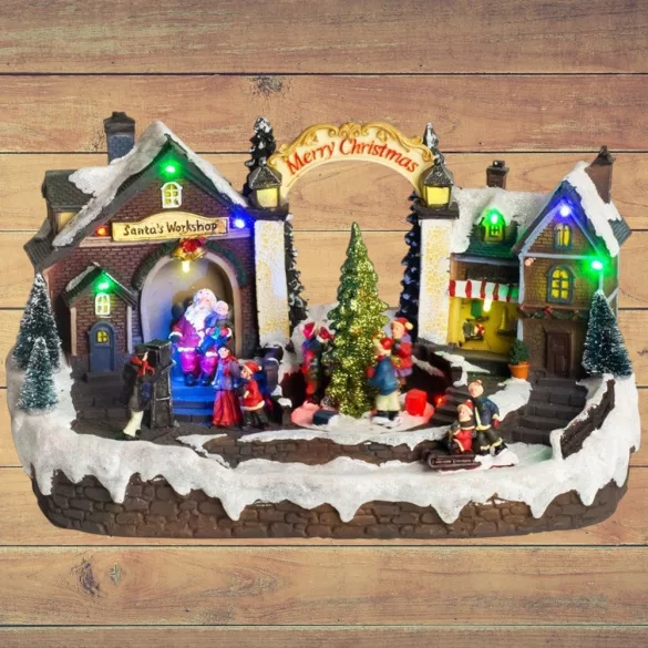 MagicHome karácsonyi dekoráció, falu, 15 LED, színes, dallamokkal, 33,5 x 18 x 20 cm