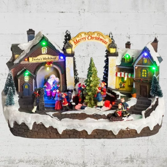 MagicHome karácsonyi dekoráció, falu, 15 LED, színes, dallamokkal, 33,5 x 18 x 20 cm