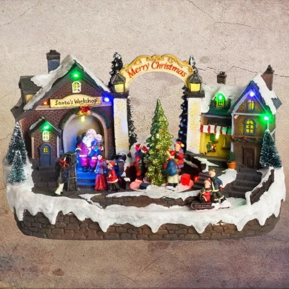 MagicHome karácsonyi dekoráció, falu, 15 LED, színes, dallamokkal, 33,5 x 18 x 20 cm