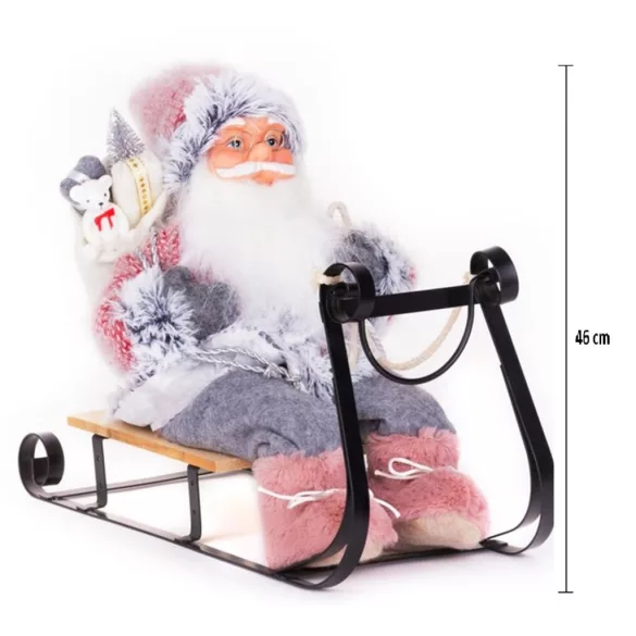 MagicHome karácsonyi dekoráció, Mikulás szánon, szürke-rózsaszín, 46 cm