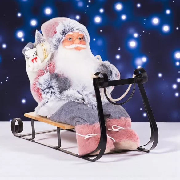 MagicHome karácsonyi dekoráció, Mikulás szánon, szürke-rózsaszín, 46 cm