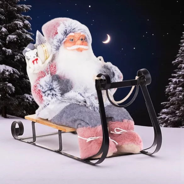 MagicHome karácsonyi dekoráció, Mikulás szánon, szürke-rózsaszín, 46 cm