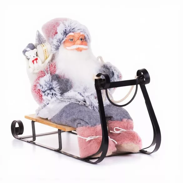 MagicHome karácsonyi dekoráció, Mikulás szánon, szürke-rózsaszín, 46 cm