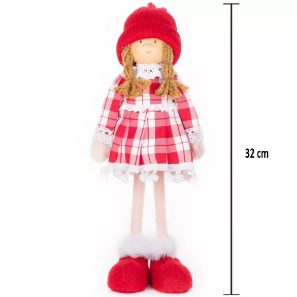 MagicHome karácsonyi dekoráció, kislány kockás ruhában, 32 cm