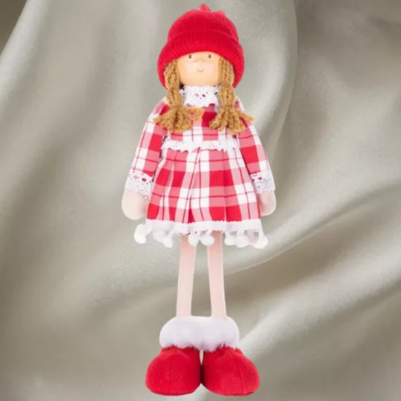 MagicHome karácsonyi dekoráció, kislány kockás ruhában, 32 cm