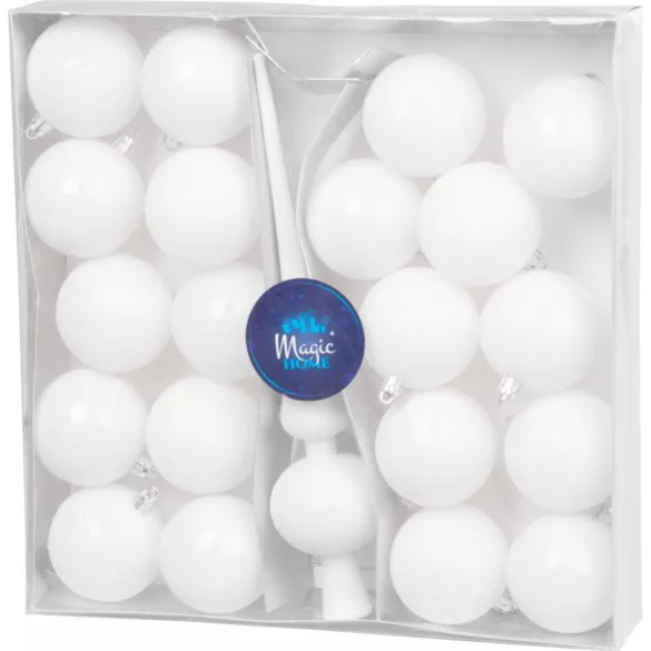 MagicHome karácsonyi gömbök, készlet, 21 db, 6 cm, fehér, csúcs, karácsonyfára