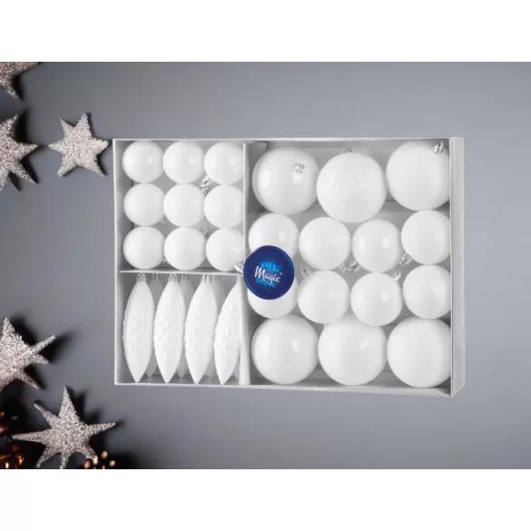 MagicHome karácsonyi gömbök, készlet, 31 db, fehér, karácsonyfára