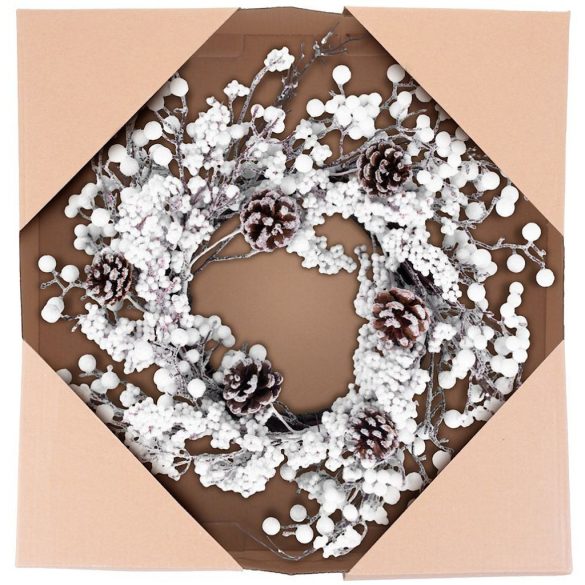 MagicHome karácsonyi koszorú, havas gömbökkel és tobozokkal, 50 x 50 x 14 cm