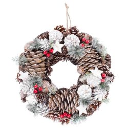   MagicHome karácsonyi koszorú, natúr, fehér tobozokkal, felfüggeszthető, 37 x 9 x 37 cm