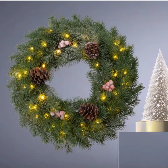MagicHome karácsonyi koszorú, natúr, havas, 48 LED, IP 20, 2x AA, 40 cm
