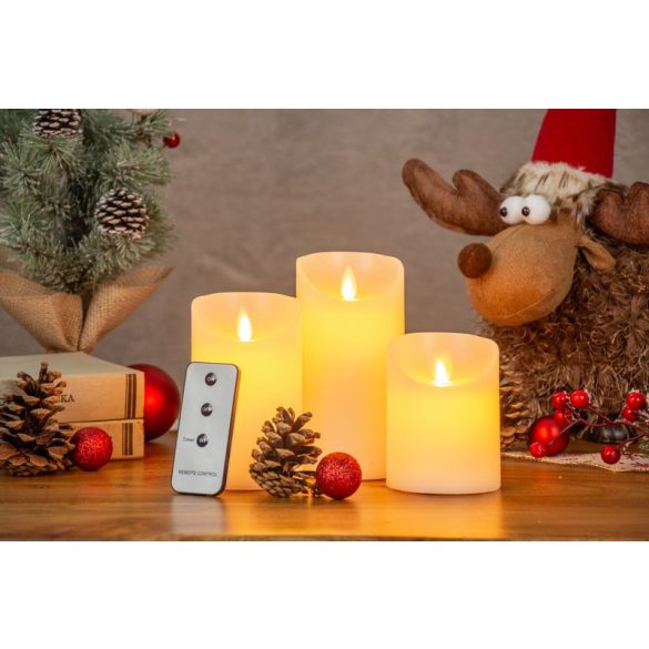 LED gyertya szett, MagicHome Vianoce, 3 db, melegfehér fény, valódi viasz, mozgó láng, időzítő (6/18 óra), távirányítós, elemes (3x AAA), IP20