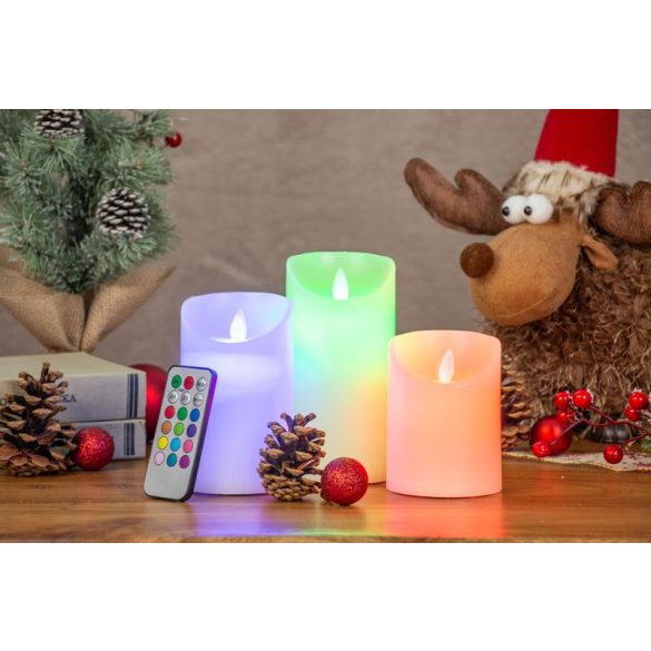 LED gyertya szett, MagicHome Vianoce, 3 db, valódi viasz, színváltós, mozgó láng, időzítő (6/18 óra), távirányítóval, elemes (3x AAA)